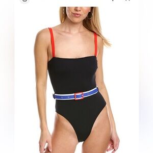 Paolita Black One Piece with Red Straps and Blue Belt